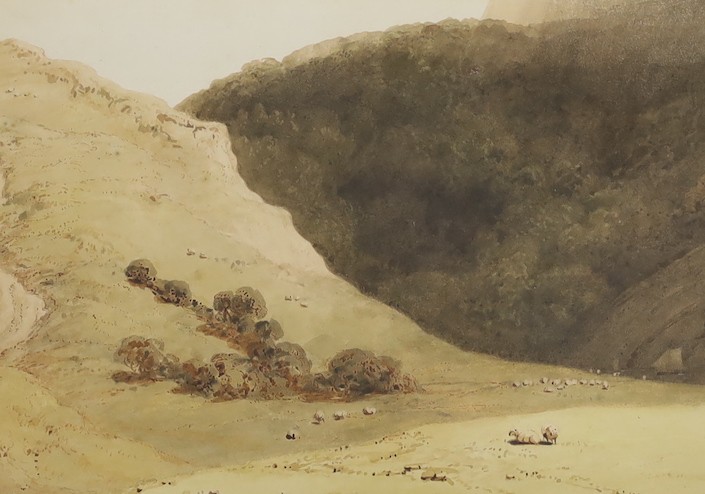 Richard Westall (1756-1836), watercolour, An open landscape with sheep and hills, initialled, 18 x