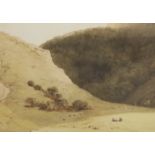 Richard Westall (1756-1836), watercolour, An open landscape with sheep and hills, initialled, 18 x