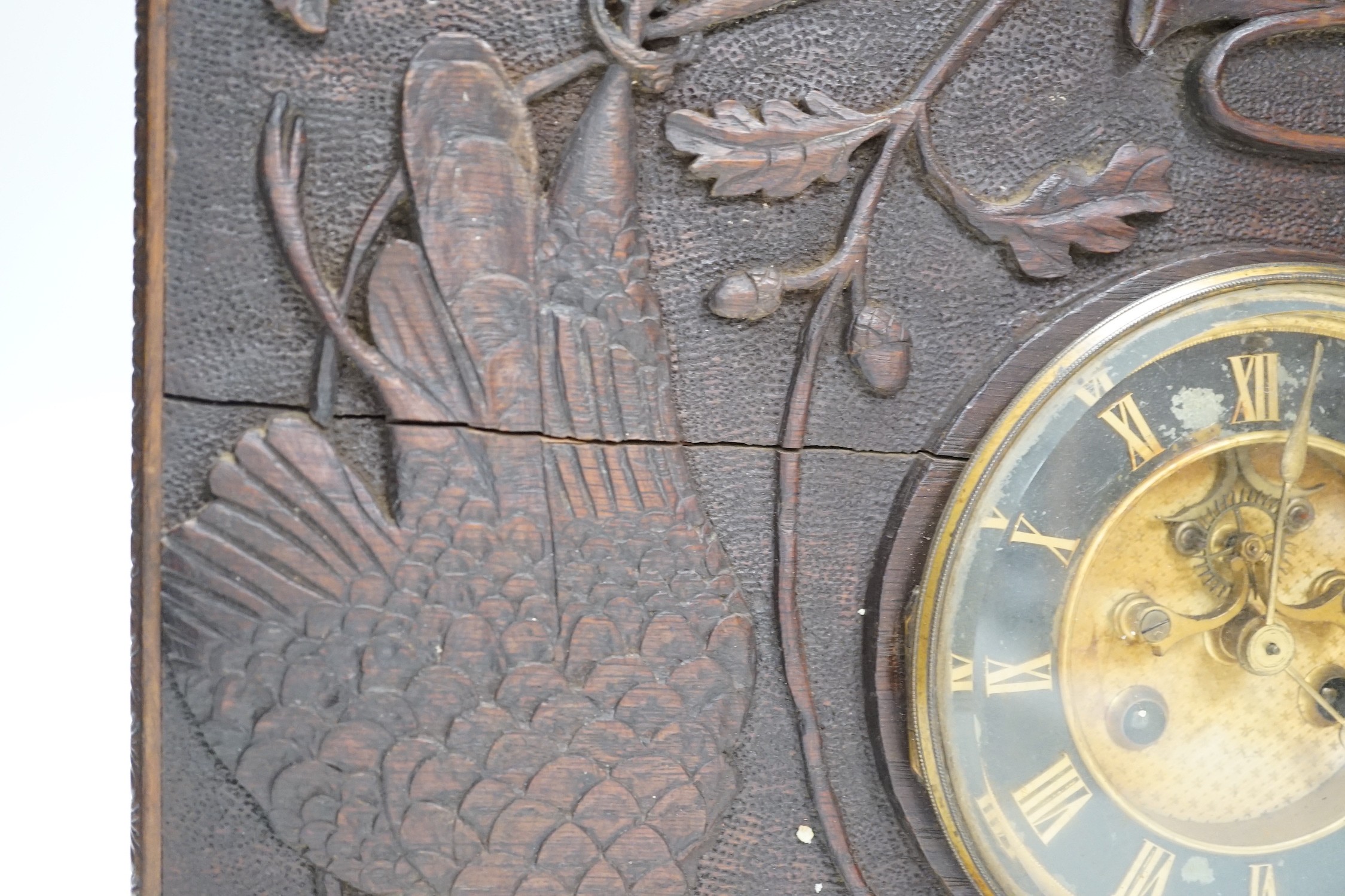 A late 19th century / early 20th century folk art carved oak cased clock, decorated with hanging - Image 3 of 7