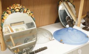 Two French pressed glass ceiling shades and a pair of barbola oval mirrors