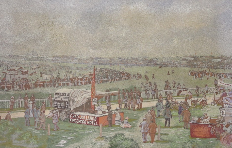 An early 20th century needlework panel depicting Tattenham Corner, Epsom Downs Racecourse, 38 x