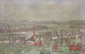 An early 20th century needlework panel depicting Tattenham Corner, Epsom Downs Racecourse, 38 x