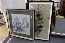 After Qi Baishi, woodblock print, Flowers and a Chinese painting of blue hibiscus, signed, 56 x 54cm