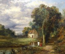 19th century English School, oil on canvas, Figures in a landscape, 64 x 77cm