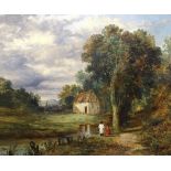 19th century English School, oil on canvas, Figures in a landscape, 64 x 77cm