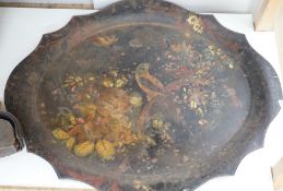 A Victorian painted iron tray with parrot and flower decoration. 82cm wide