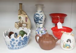 A Chinese blue and white dragon crackle glaze vase, together with a group of Chinese and Oriental