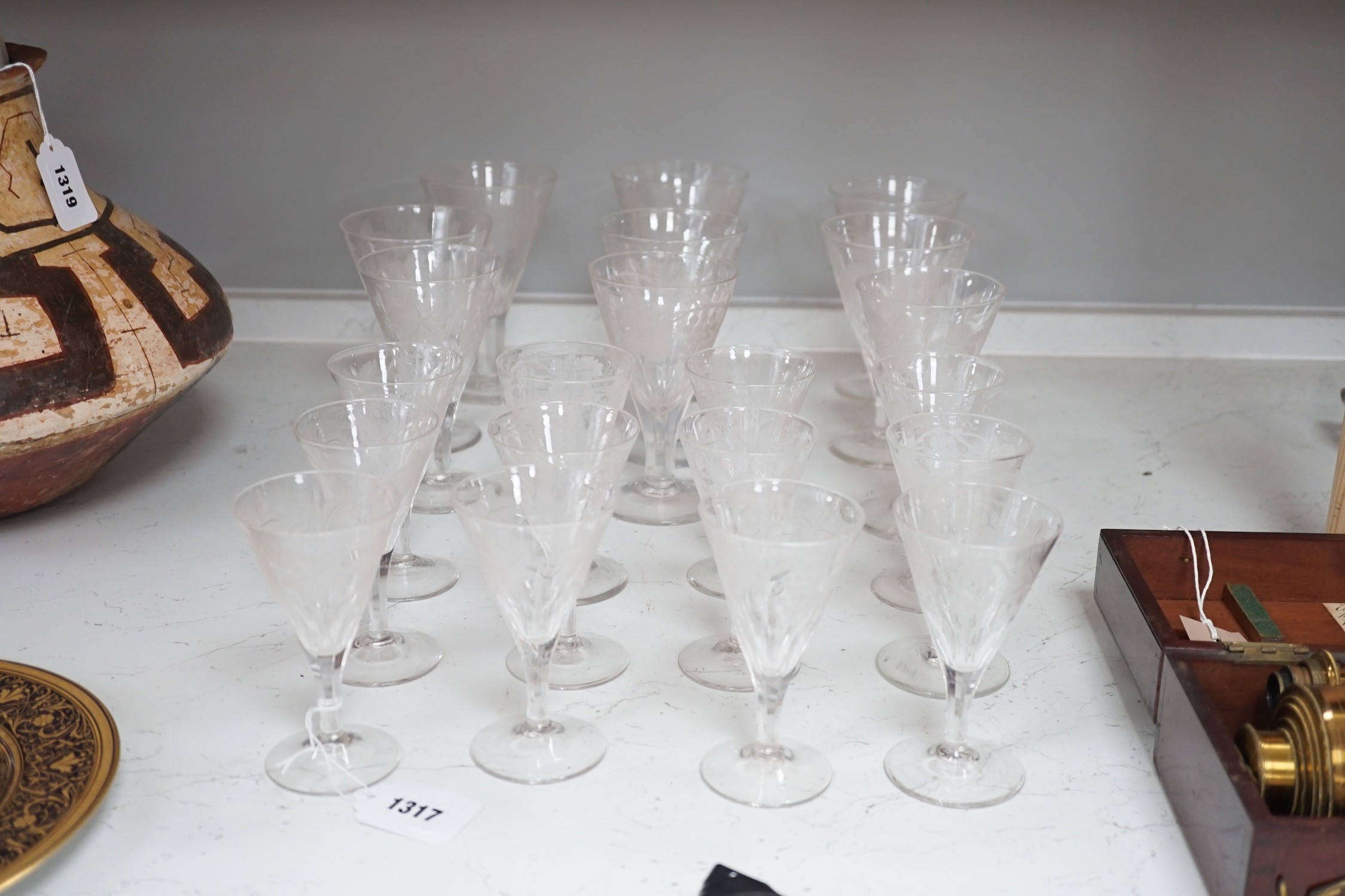 A part suite of Edwardian vineous etched glasses. Tallest 15cm - Image 2 of 6