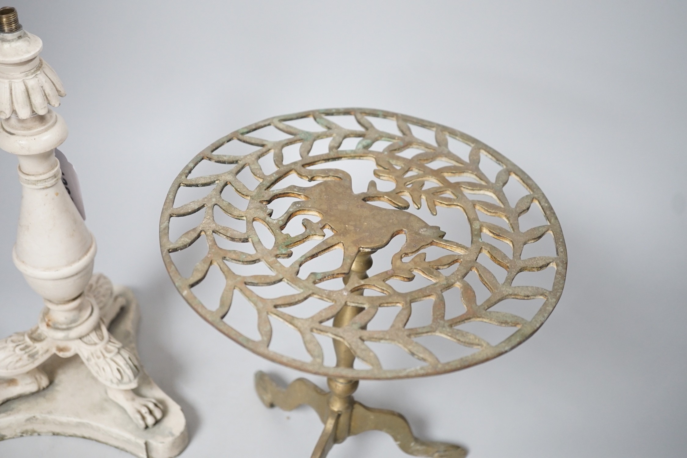 A painted bronze lamp stem and a brass trivet. Tallest 29cm - Image 3 of 3