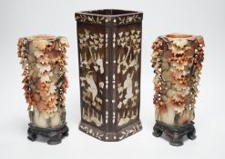 A pair of Chinese soapstone vases and a mother-of-pearl and papier mache inlaid brushpot Tallest