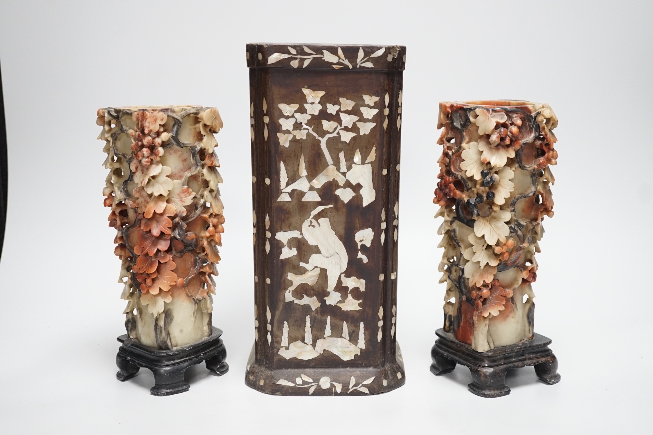 A pair of Chinese soapstone vases and a mother-of-pearl and papier mache inlaid brushpot Tallest - Image 2 of 3