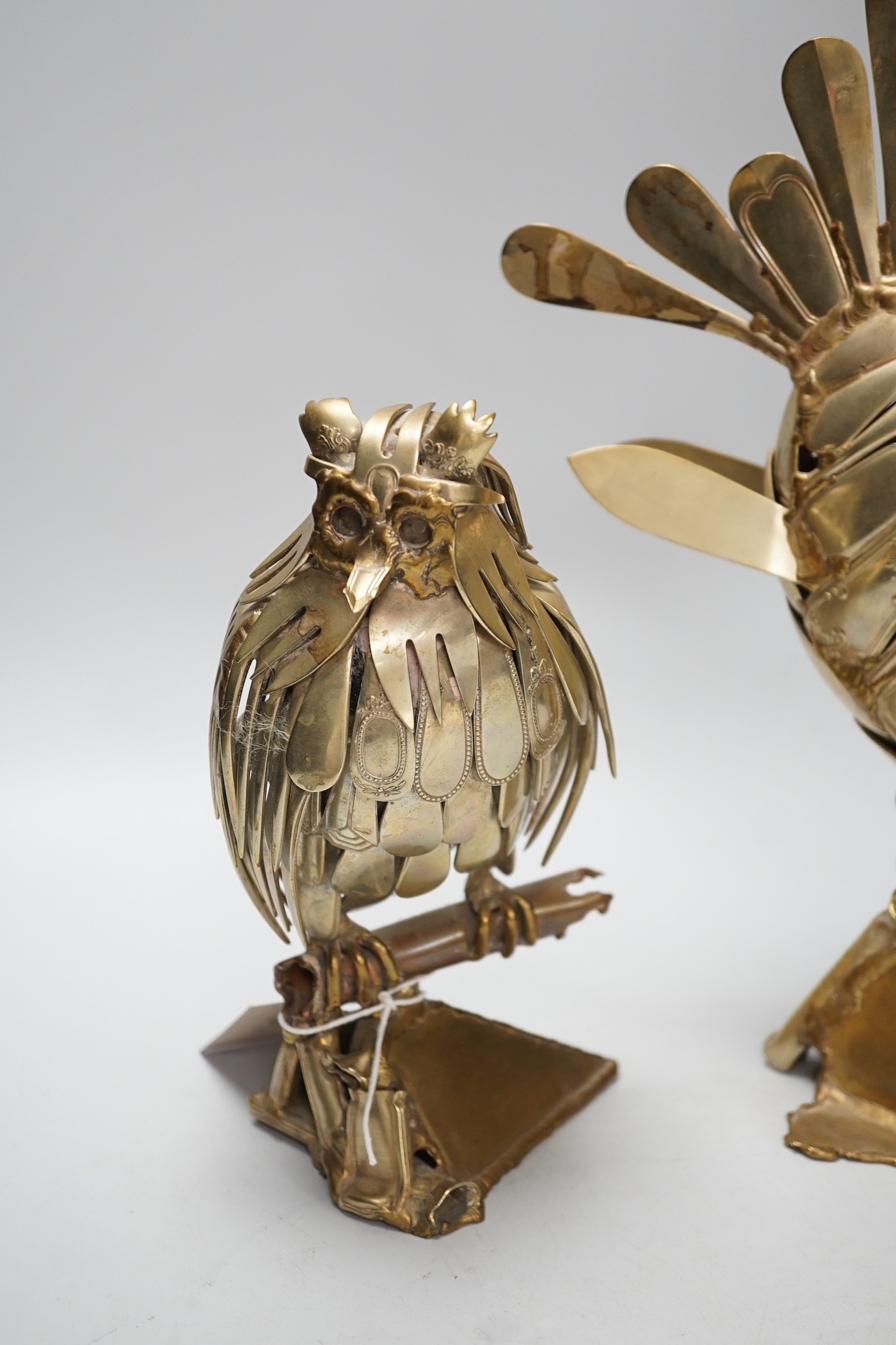 Two stylish nickel ornaments; an owl perching and an exotic fish, constructed from old knives and - Image 2 of 3