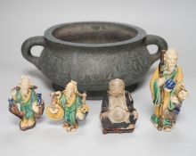 A large late 19th/early 20th century Chinese bronze censer, gui, Xuande mark, together with four