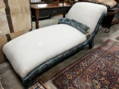 A Victorian daybed re-upholstered in natural linen fabric and turquoise velvet, width 70cm, length