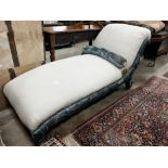 A Victorian daybed re-upholstered in natural linen fabric and turquoise velvet, width 70cm, length