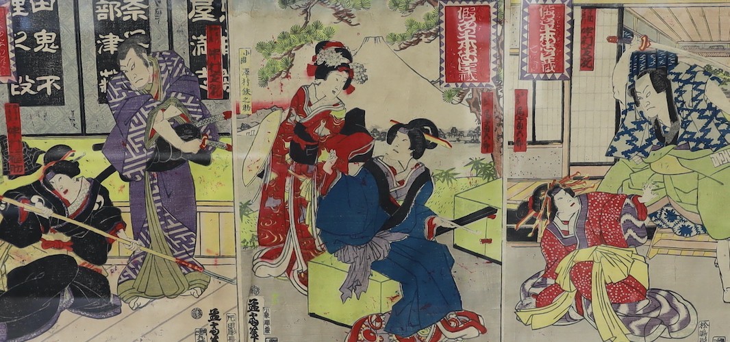 Japanese School, woodblock triptych, Actors on stage, overall 33 x 69cm