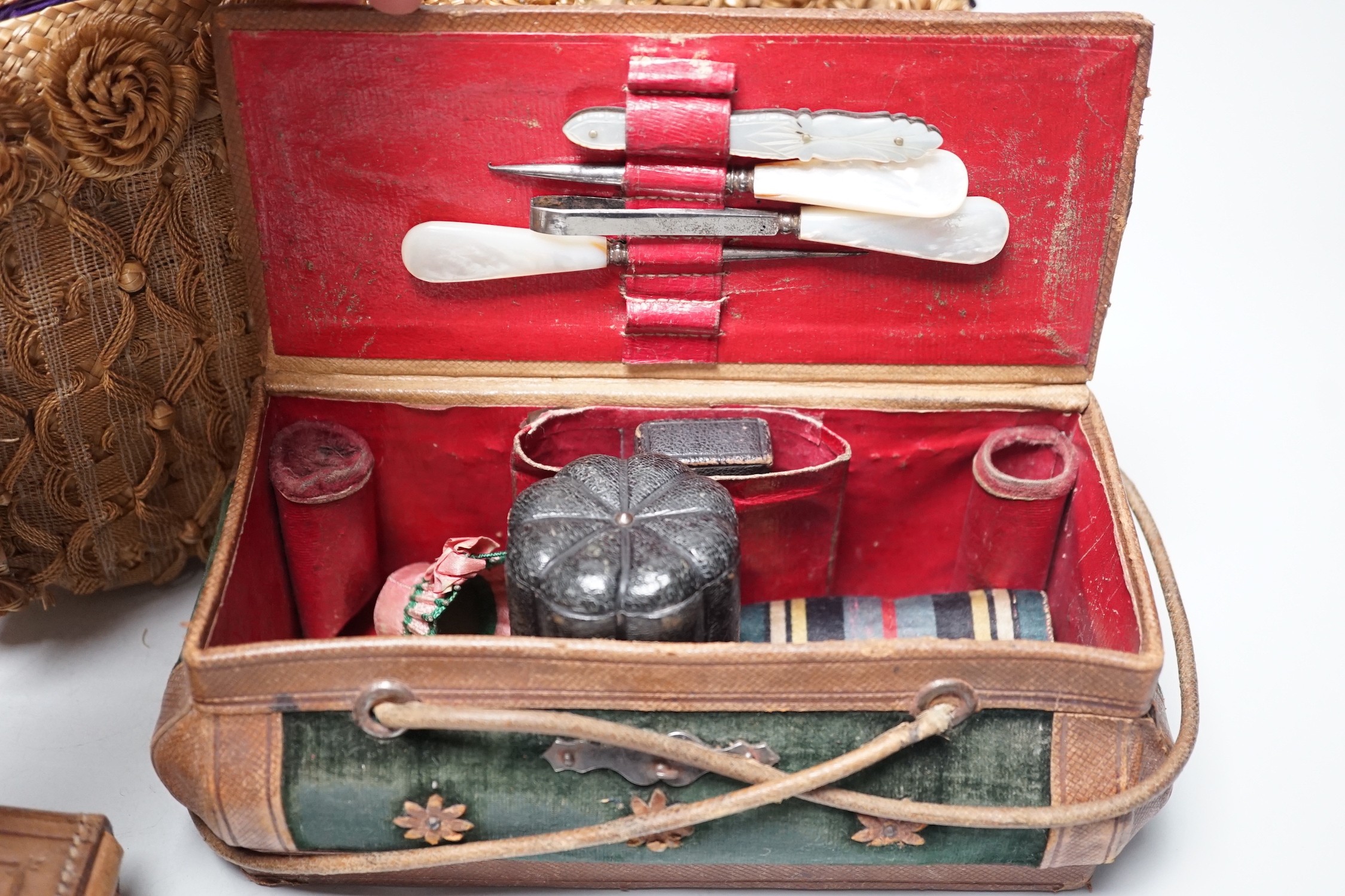 An unusual Edwardian straw and braided basket/bag, a French late 19th century basket with makers - Image 3 of 5