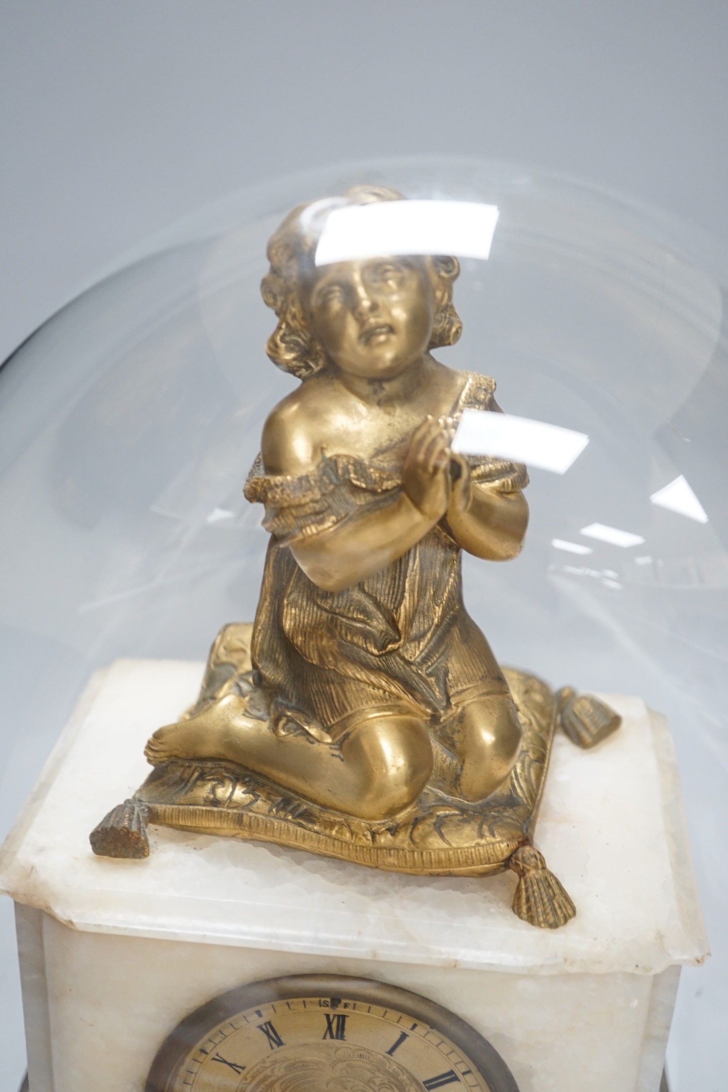 A 19th century ormolu and alabaster mantel clock under glass dome. 39cm tall - Image 2 of 3