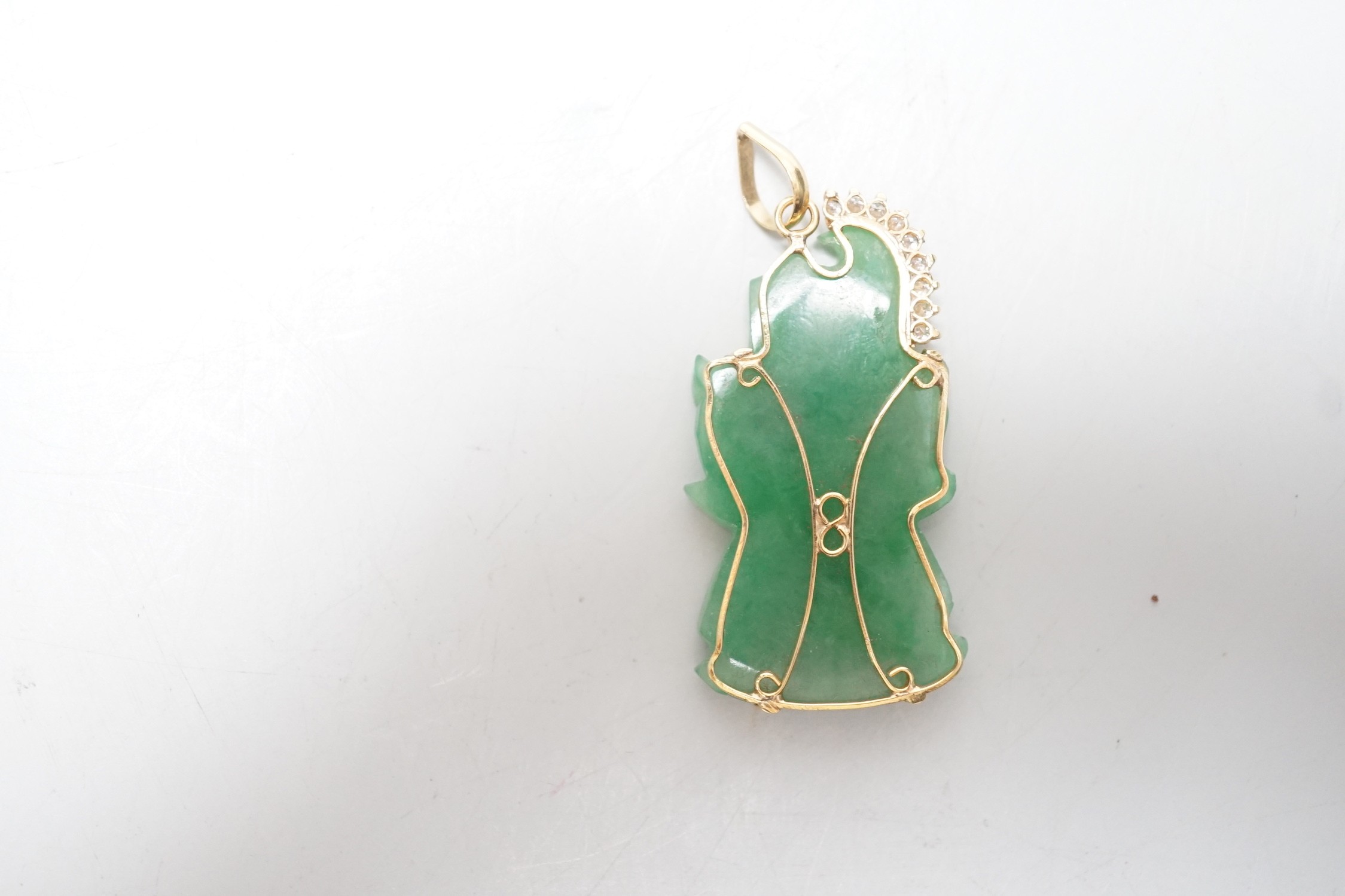 A modern 18k and diamond chip mounted jadeite pendant, carved as an immortal, 40mm, gross weight 9.1 - Image 4 of 4