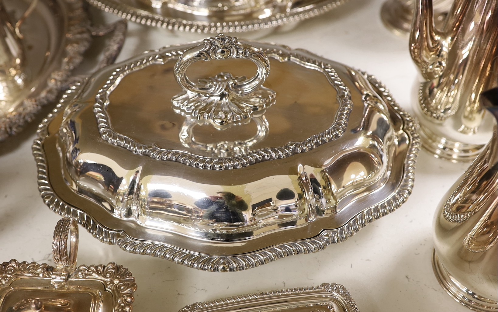 A large quantity of plated wares including two entree dishes and covers, a three-piece tea set etc. - Image 4 of 5