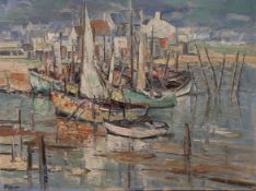 Circle of Rowland Hill, oil on wooden panel, Fishing boats in harbour, bears signature, 59 x 76cm,
