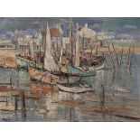 Circle of Rowland Hill, oil on wooden panel, Fishing boats in harbour, bears signature, 59 x 76cm,