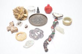 A selection of various Oriental items, including Chinese hardstone carvings, Japanese cast bronze