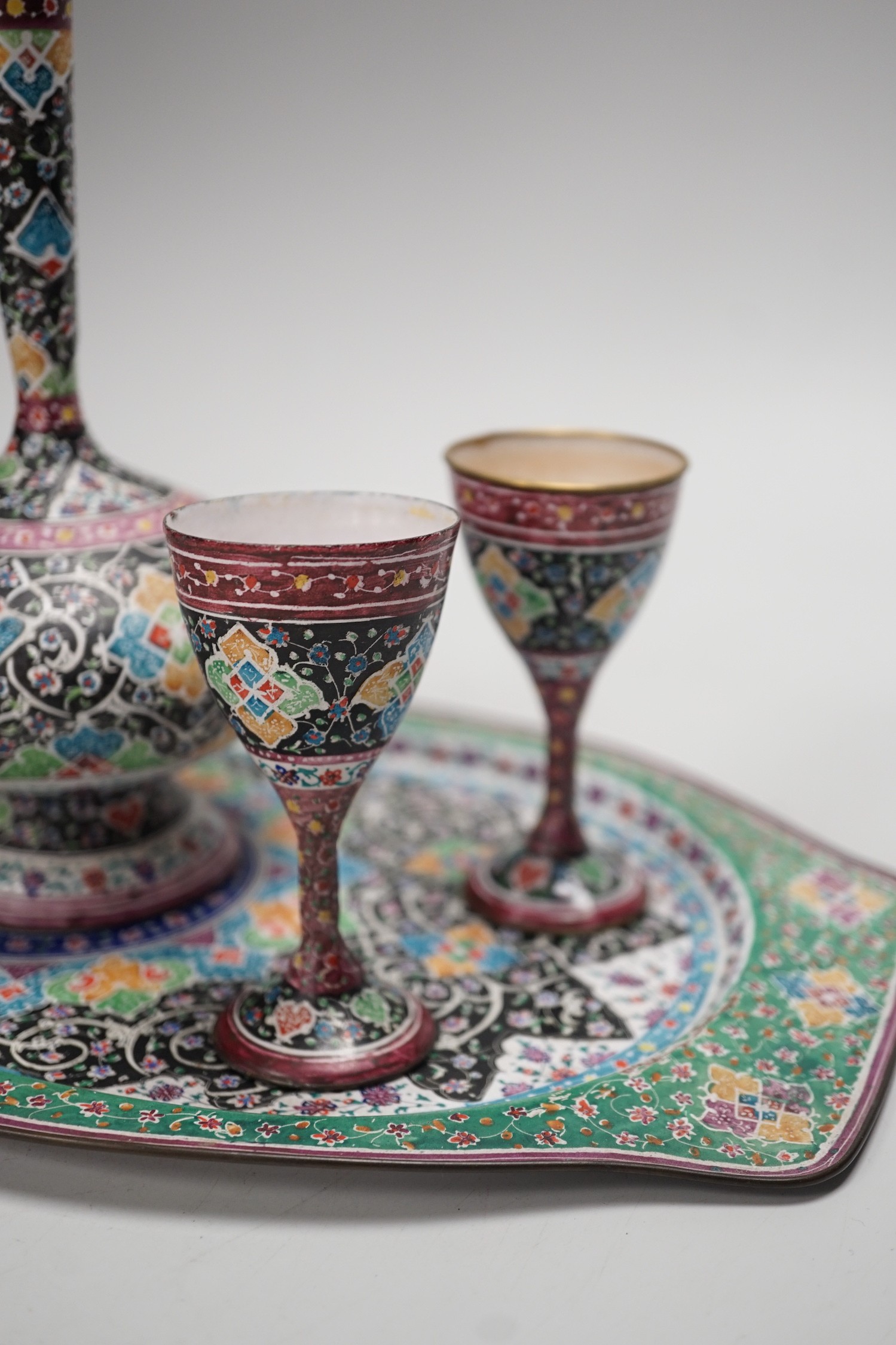 A decorative Persian enamel on copper set on stand. Tallest piece 20cm - Image 2 of 5