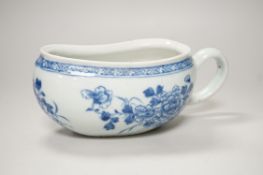 An 18th century Chinese Export blue and white bordalou. 22cm wide