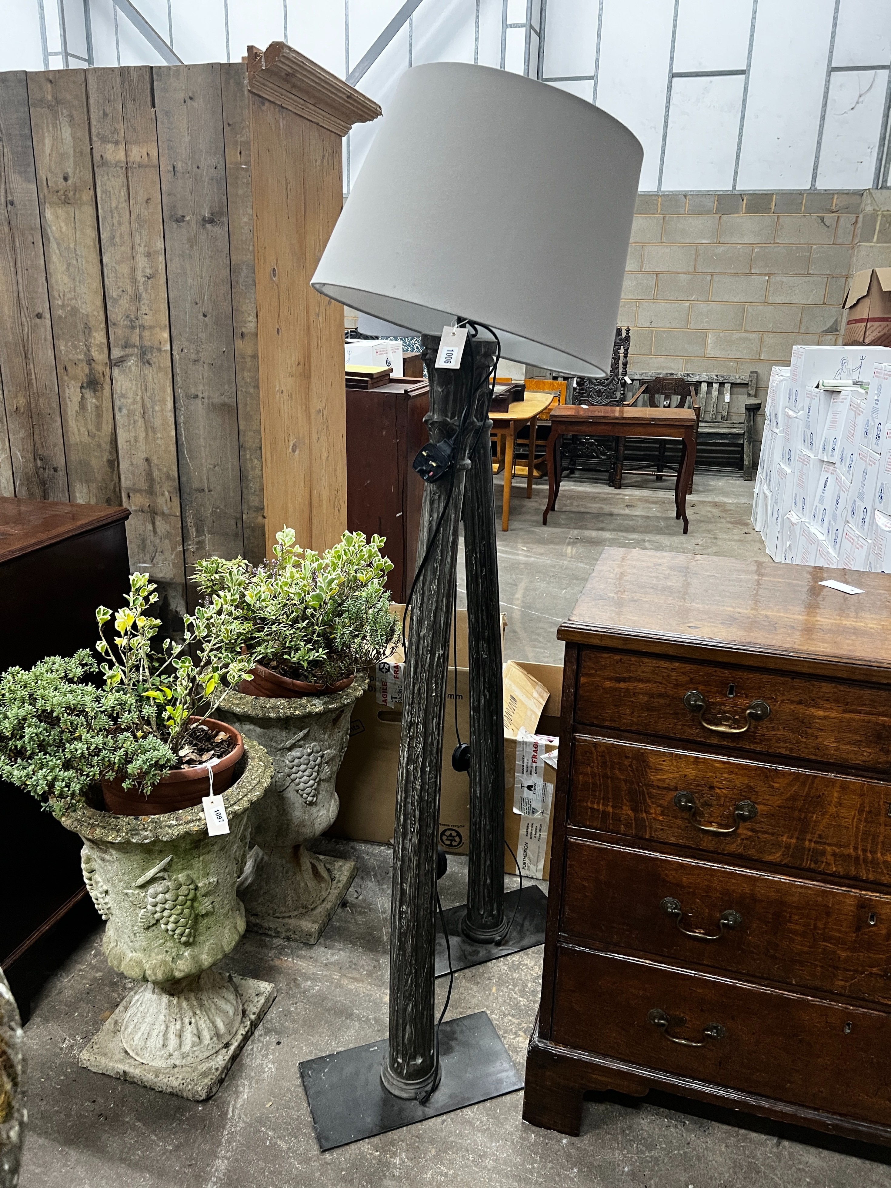 A pair of Oka column standard lamps and shades, height including shades 170cm