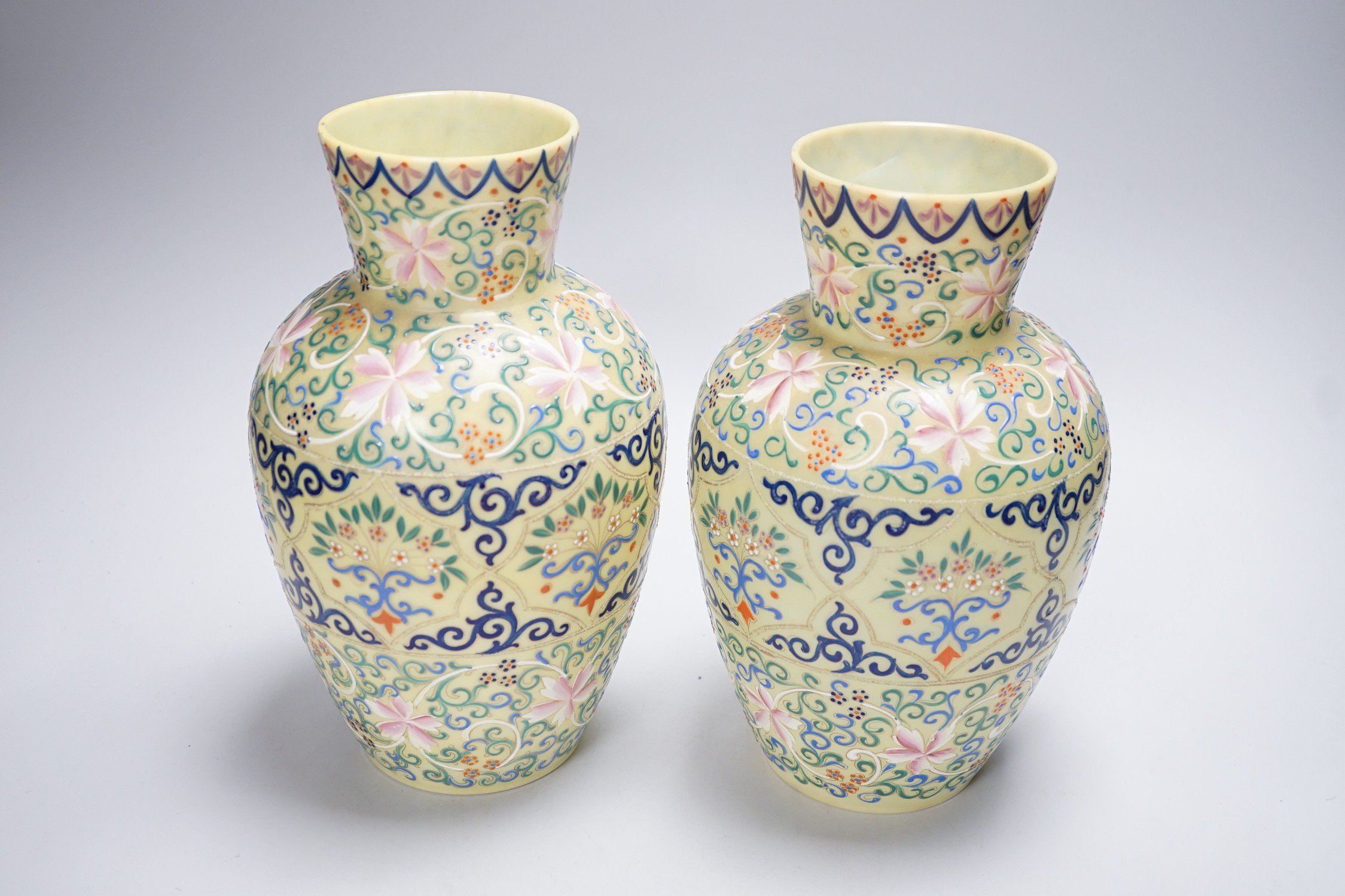 A pair of French enamelled glass vases, Persian inspired, 25.5cm - Image 3 of 4