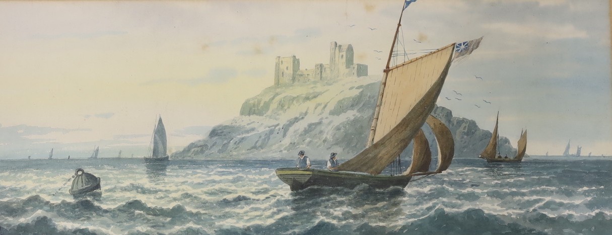 English School c.1900, 'Off the Cornish Coast' (St Michael's Mount), initialled AC, 21 x 51cm
