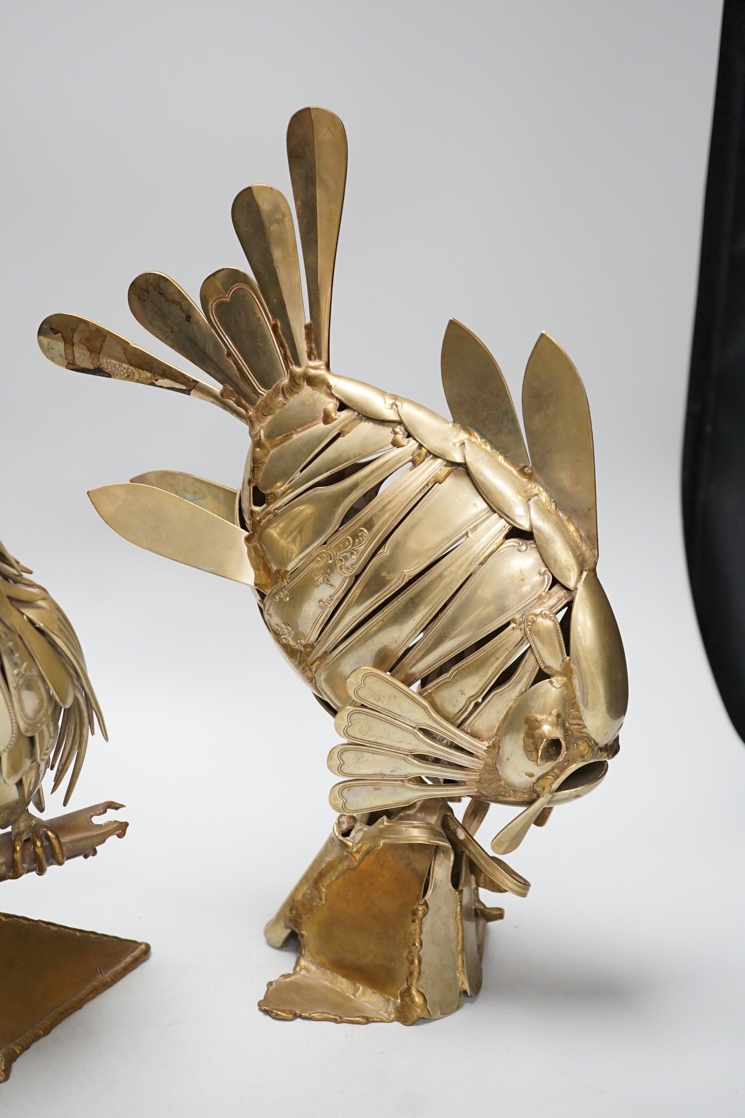 Two stylish nickel ornaments; an owl perching and an exotic fish, constructed from old knives and - Image 3 of 3