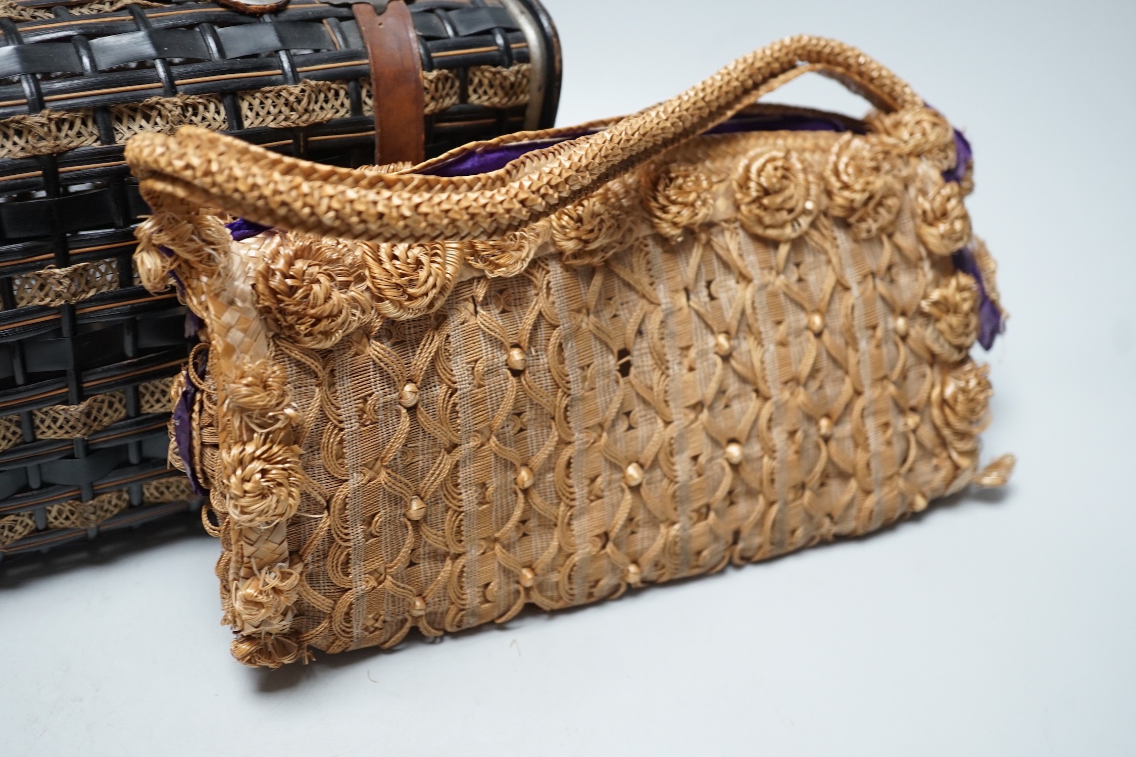 An unusual Edwardian straw and braided basket/bag, a French late 19th century basket with makers - Image 4 of 5