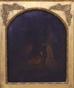 19th century English School after Wright of Derby, oil on wooden panel, Student sketching by lamp