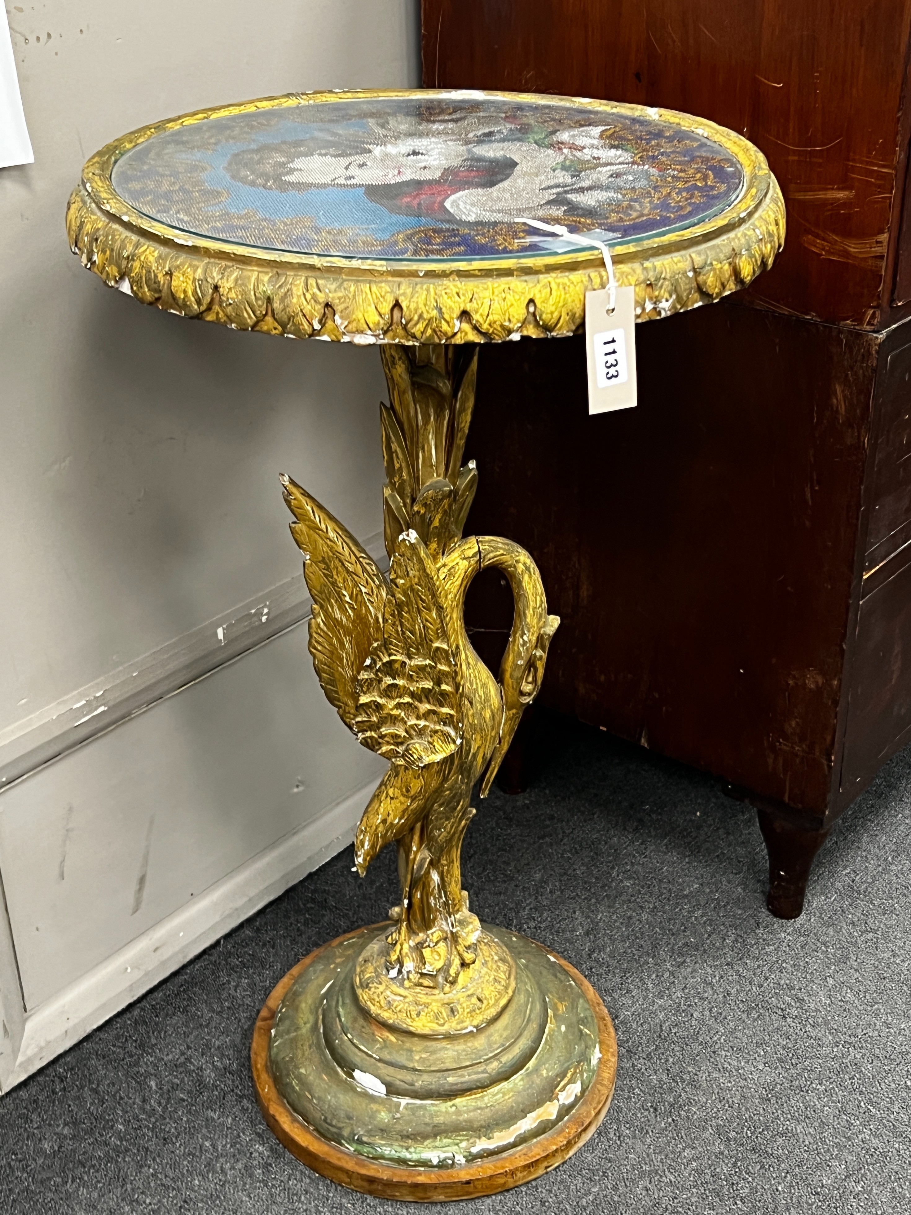 A Victorian giltwood and composition circular centre table with polychrome beadwork top on a - Bild 4 aus 4