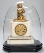 A 19th century ormolu and alabaster mantel clock under glass dome. 39cm tall