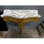 A Victorian style carved giltwood marble topped serpentine console table, width 84cm, depth 44cm,