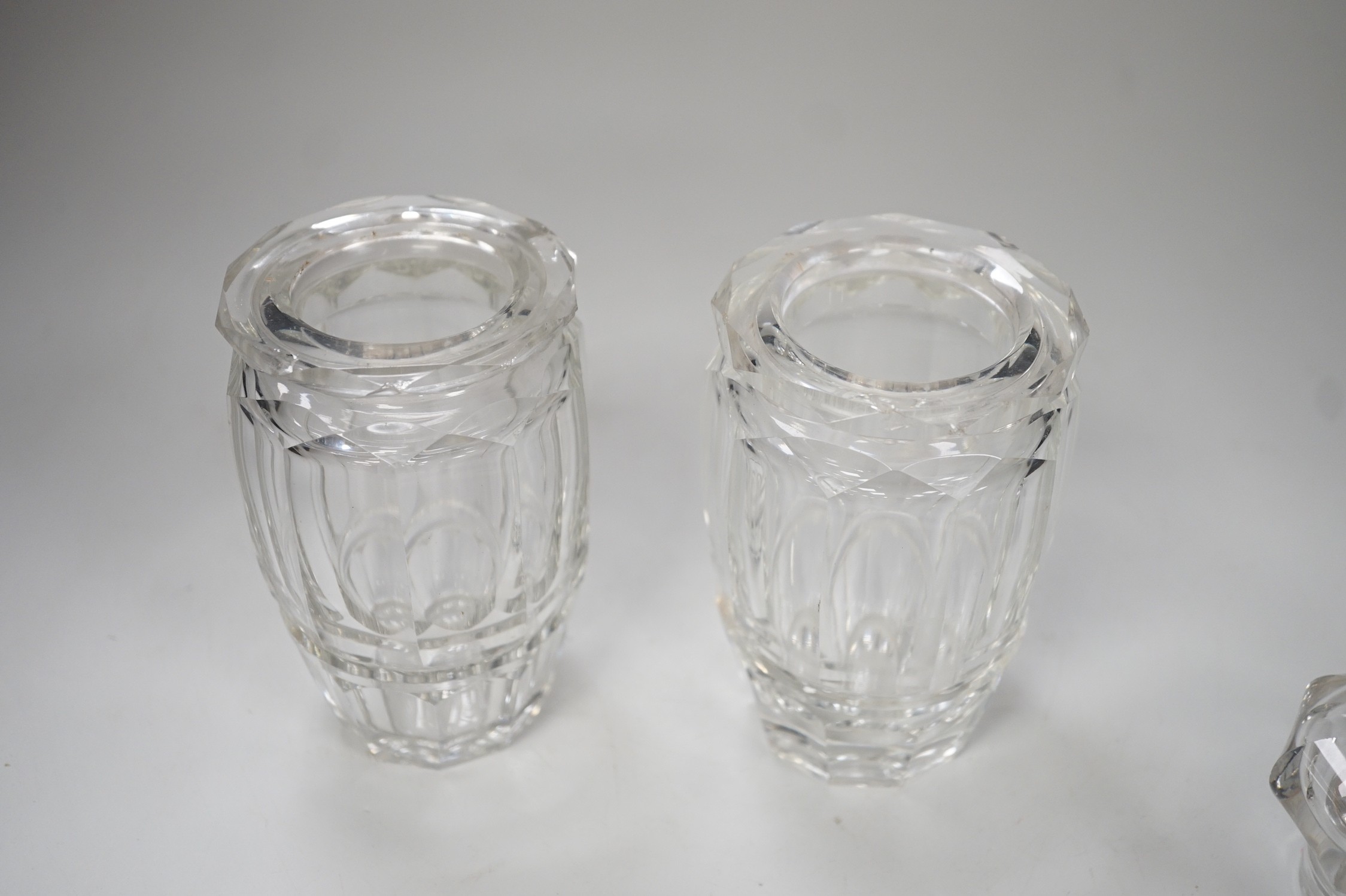 A pair of late 19th century Bohemian panel cut glass pickle jars. 15cm tall - Image 4 of 4