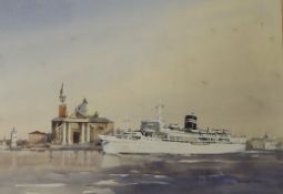Sydney Vale (1916-1991), watercolour, Liner in harbour, signed, 36 x 50cm