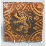 A single early ecclesiastical floor tile with rampant lion detail. 14 x 14cm