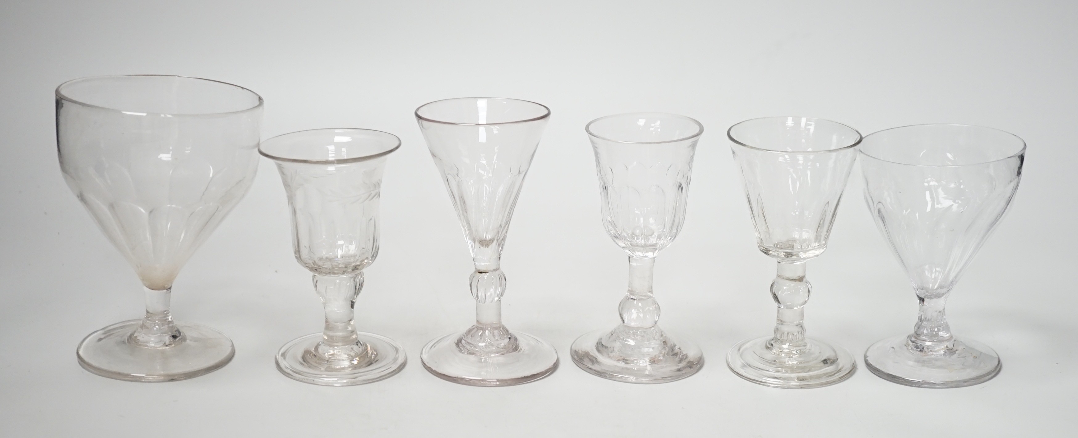 A small Georgian glass rummer and five cordials. Tallest 12cm