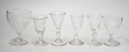 A small Georgian glass rummer and five cordials. Tallest 12cm