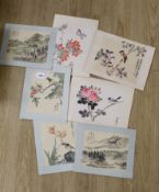 Chinese School, late 20th century, two paintings on silk and three colour woodblocks on paper of
