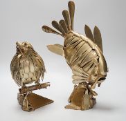 Two stylish nickel ornaments; an owl perching and an exotic fish, constructed from old knives and