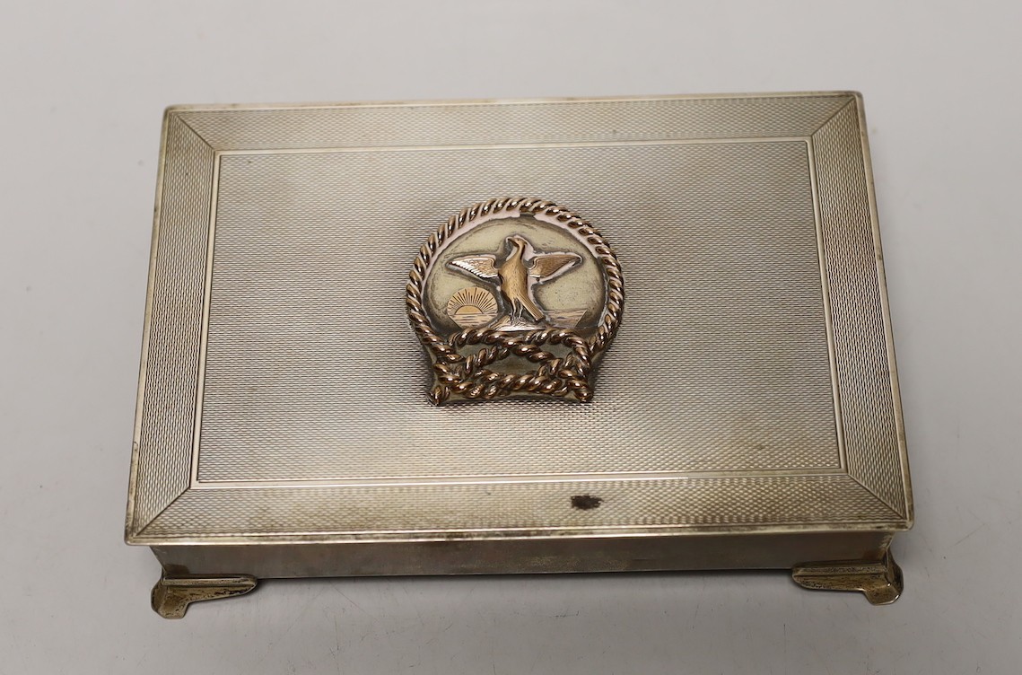 An Elizabeth II engine turned silver rectangular cigarette box, with yellow metal applique and - Image 3 of 5