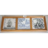 Two John Sadler Liverpool delftware black transfer printed tiles, c.1770 and a blue printed tile, in