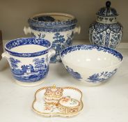 A Royal Crown Derby trinket set, Honeysuckle pattern and a few blue-printed earthenware items