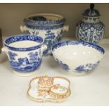 A Royal Crown Derby trinket set, Honeysuckle pattern and a few blue-printed earthenware items