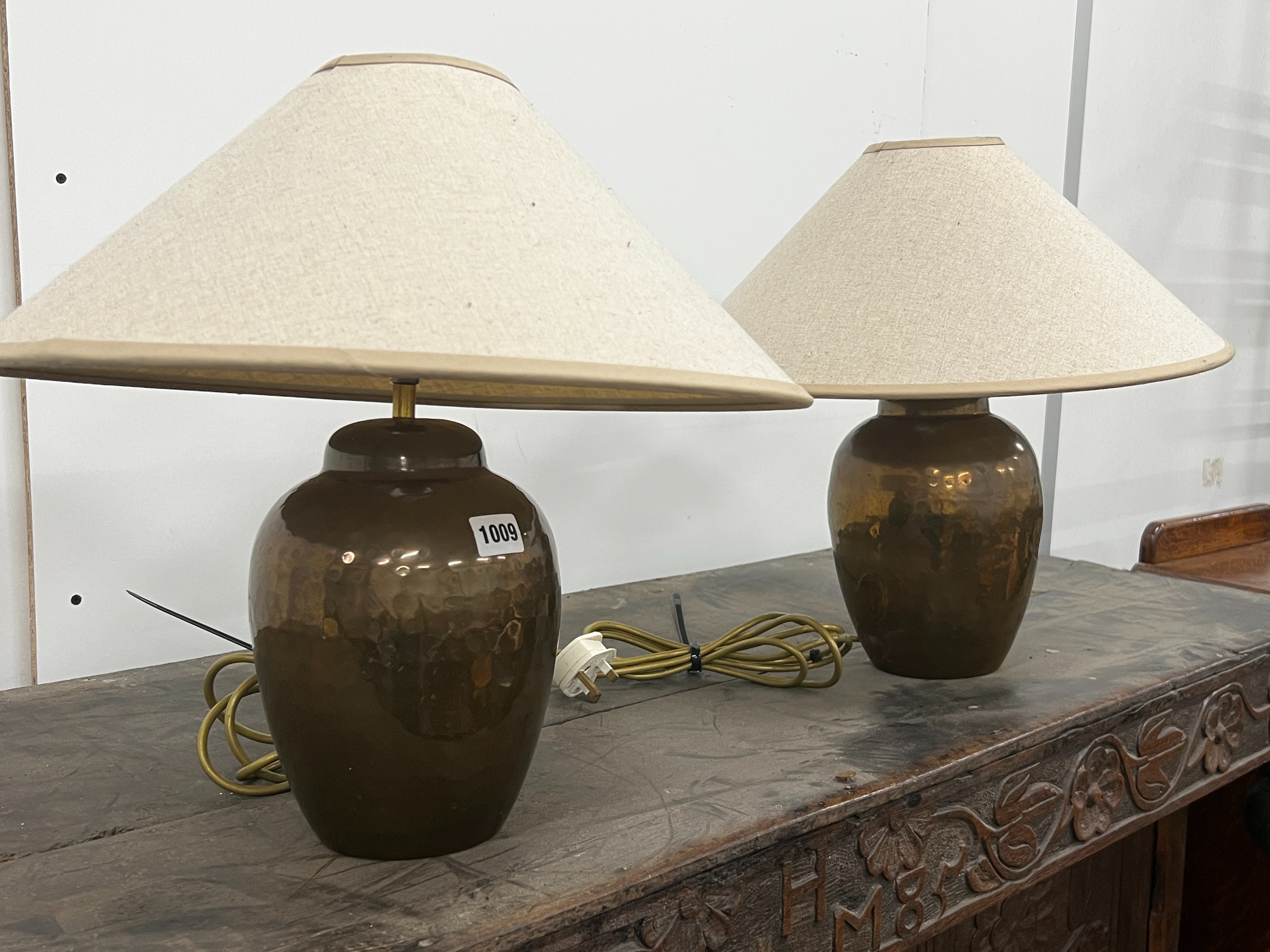 A pair of contemporary copper table lamps with shades, height including shades, 40cm